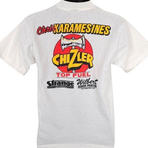 Vintage Chris Karamesines T Shirt Mens Size Medium White 90s Bobby Baldwin Drag - Picture 4 of 8